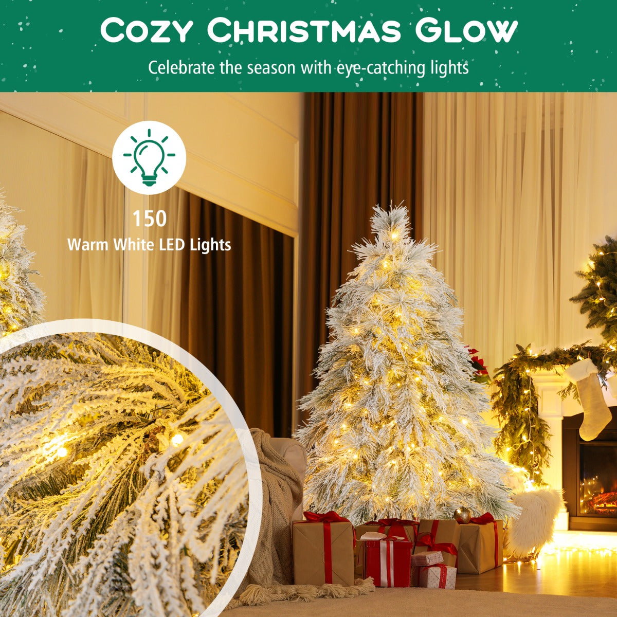 LIVSK Kunstkerstboom 146 cm - 150 Warmwitte LED-lampjes - 279 Takken - Geurloos en Vuurbestendig - Eenvoudige Montage - Wit +