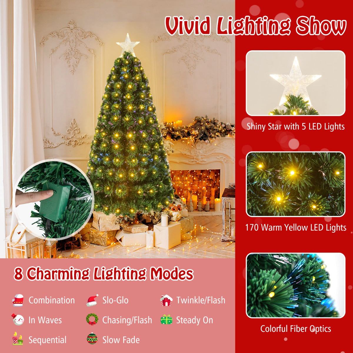 LIVSK 150 cm Kunstmatige Kerstboom - 170 Takuiteinden - 170 LED-Lampjes - 8 Verlichtingsstanden - Brandveilig - Groen