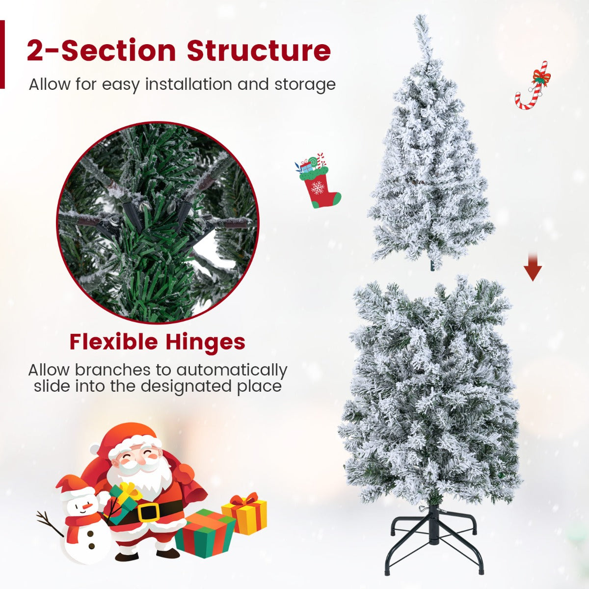 LIVSK Kunstkerstboom met Sneeuweffect - 180 Warmwitte LED-lampjes - Slanke Potloodvorm - 150 cm - Groen + Wit