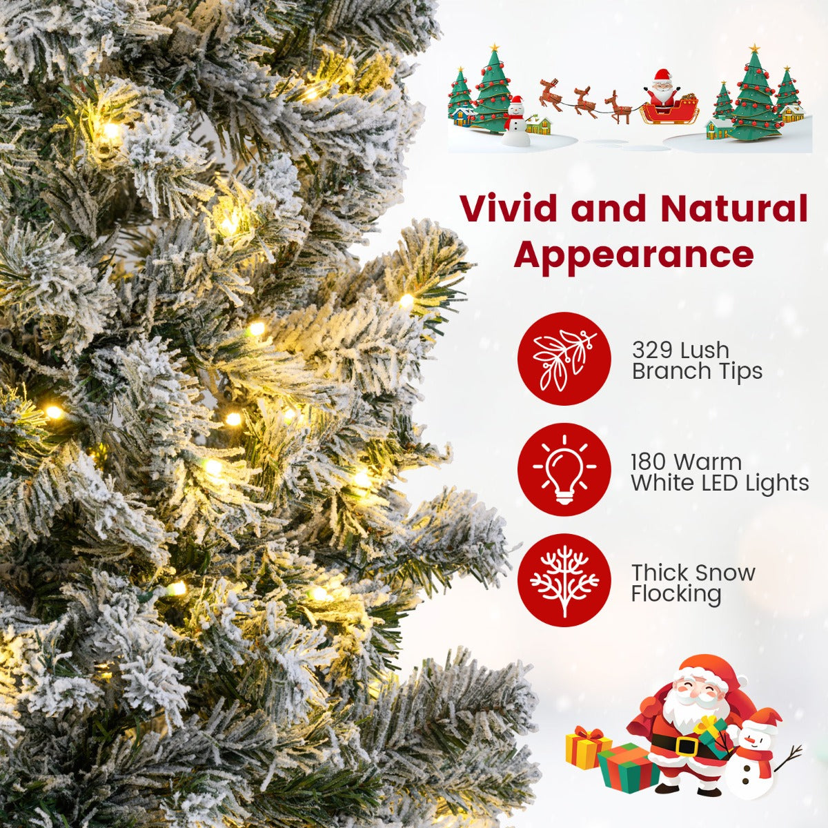 LIVSK Kunstkerstboom met Sneeuweffect - 180 Warmwitte LED-lampjes - Slanke Potloodvorm - 150 cm - Groen + Wit