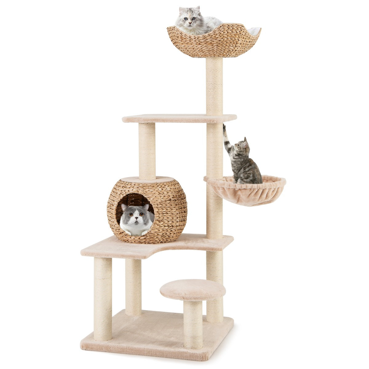 LIVSK Houten Krabpaal - 4 Niveaus met Zitstok, Hangmat en Huisje - Duurzaam Sisaltouw - Eenvoudig Onderhoud - 60 x 60 x 150 cm -