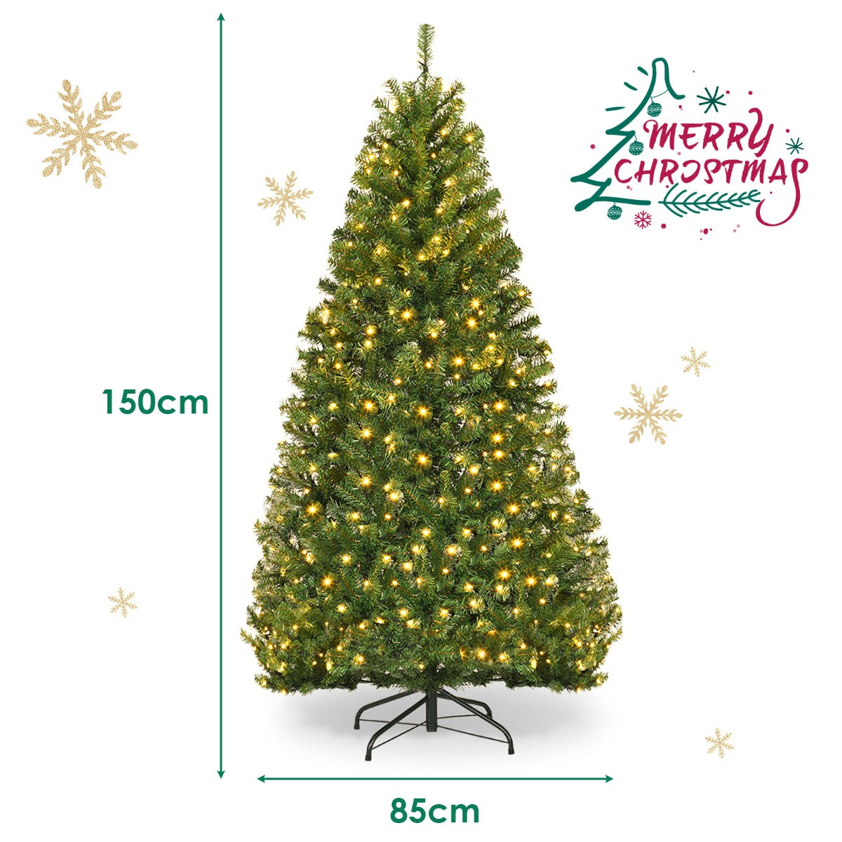 LIVSK Verlichte Kunstkerstboom - 150 LED-lichten - 11 Verlichtingsmodi - 600 PVC-takken - Stabiele Metalen Standaard - Groen