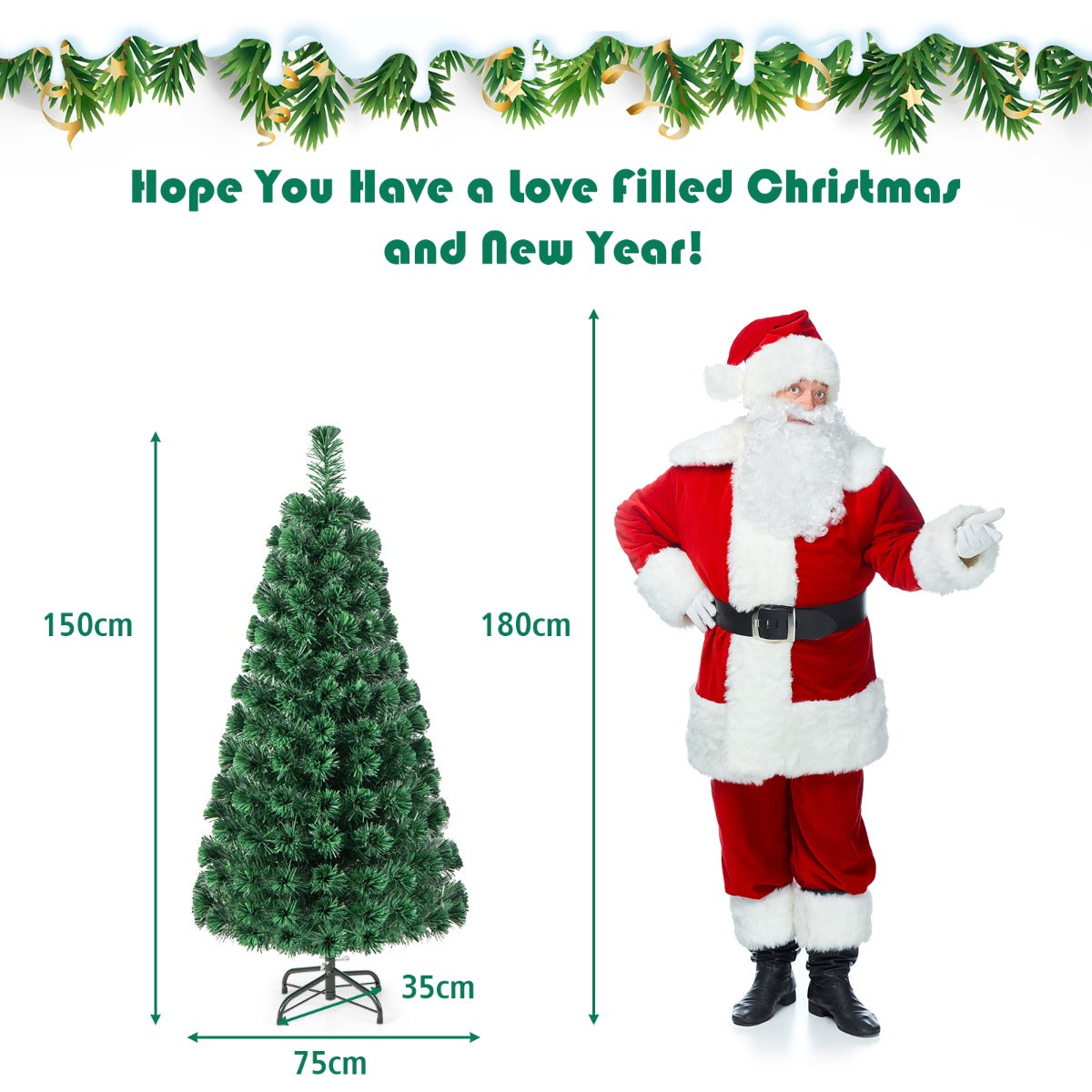 LIVSK Kunstkerstboom met Glasvezelverlichting - Realistische PVC Naalden - Lichtgewicht en Draagbaar - 150 cm - Groen