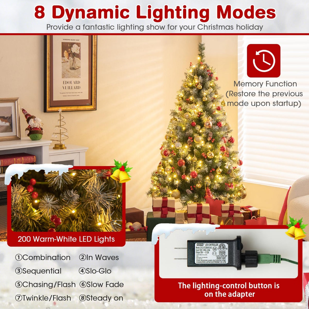 LIVSK Kunstkerstboom met 200 Warmwitte Ledlampen - 8 Verlichtingsmodi - 450 Takken - 150 cm - Groen & Wit