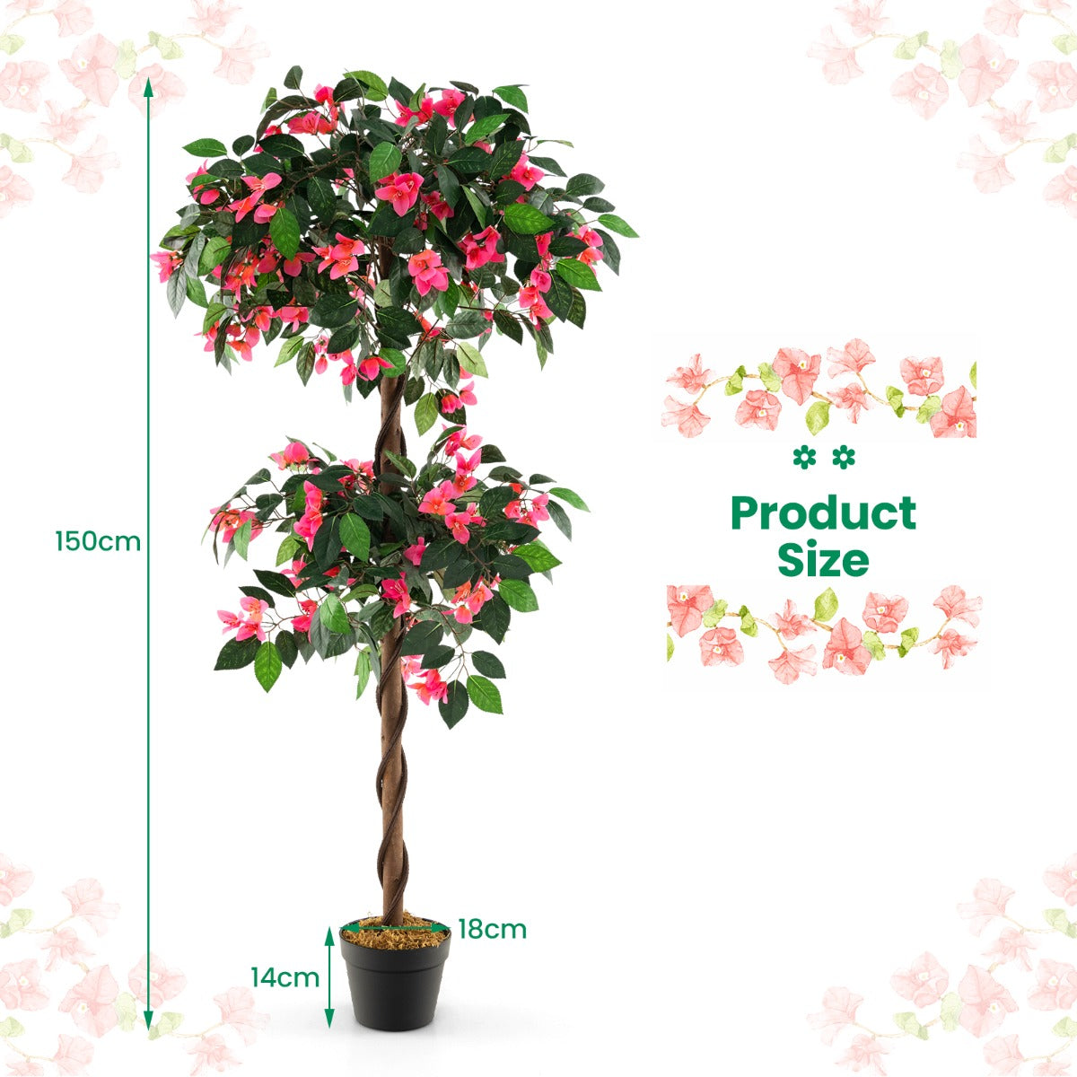 LIVSK Kunstmatige Bougainvillea - 252 Bloemen en 630 Bladeren - Houten Stam - PP Pot met Cementbasis - 150 cm - Groen + Roze +