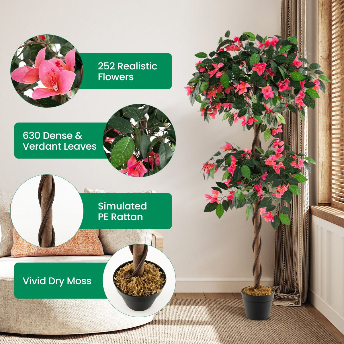 LIVSK Kunstmatige Bougainvillea - 252 Bloemen en 630 Bladeren - Houten Stam - PP Pot met Cementbasis - 150 cm - Groen + Roze +