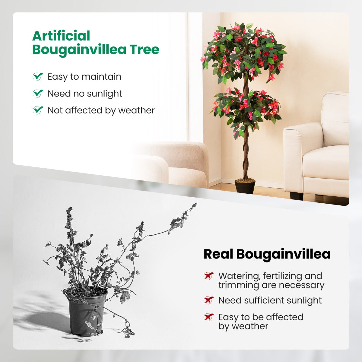LIVSK Kunstmatige Bougainvillea - 252 Bloemen en 630 Bladeren - Houten Stam - PP Pot met Cementbasis - 150 cm - Groen + Roze +