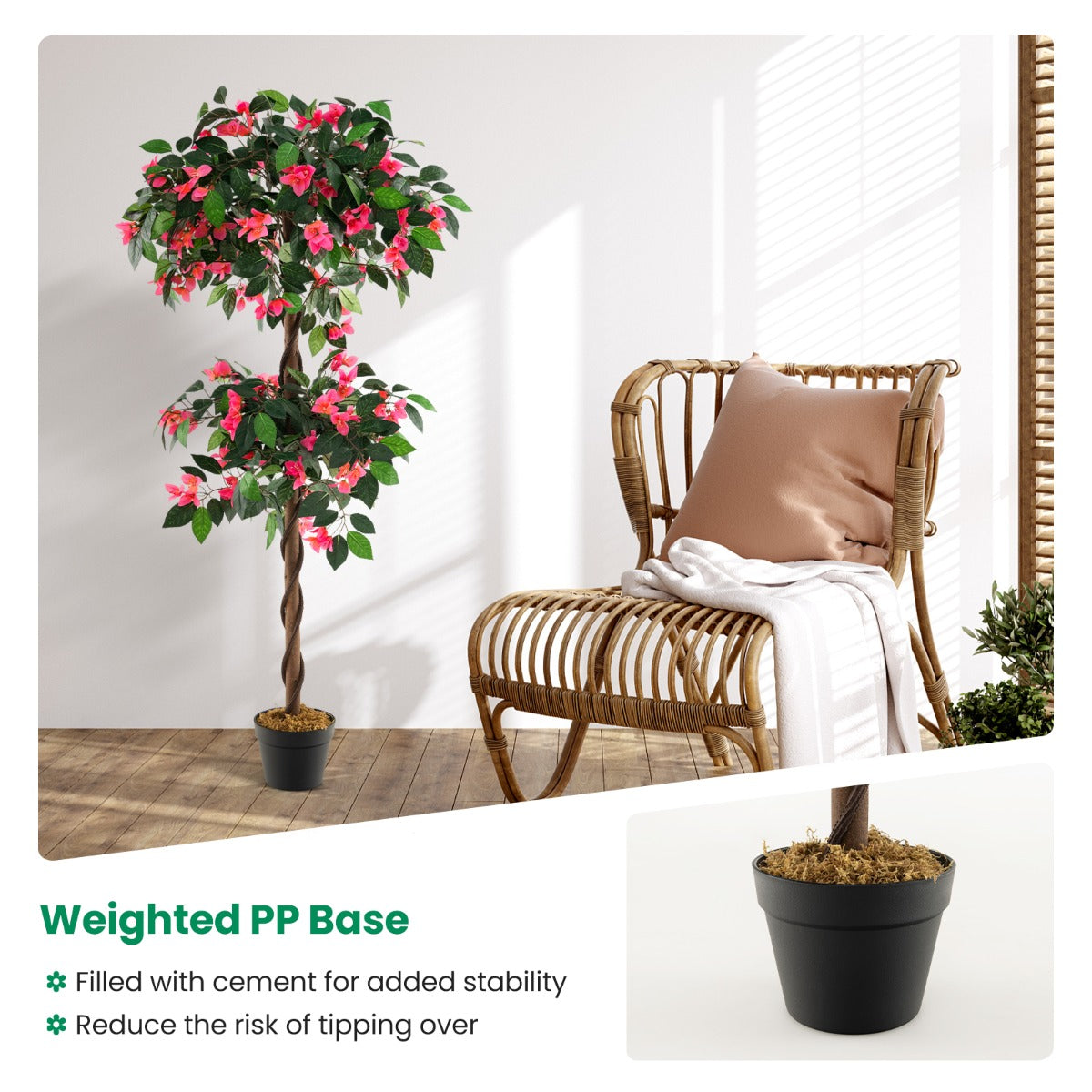 LIVSK Kunstmatige Bougainvillea - 252 Bloemen en 630 Bladeren - Houten Stam - PP Pot met Cementbasis - 150 cm - Groen + Roze +