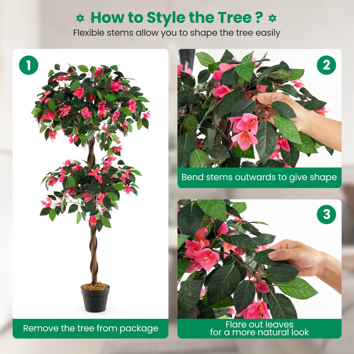 LIVSK Kunstmatige Bougainvillea - 252 Bloemen en 630 Bladeren - Houten Stam - PP Pot met Cementbasis - 150 cm - Groen + Roze +
