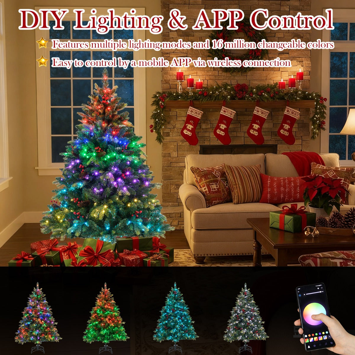 Livsk costway 150 cm kunstmatige kerstboom met 250 app gestuurde veelkleurige rgb lampjes kunstboom 4