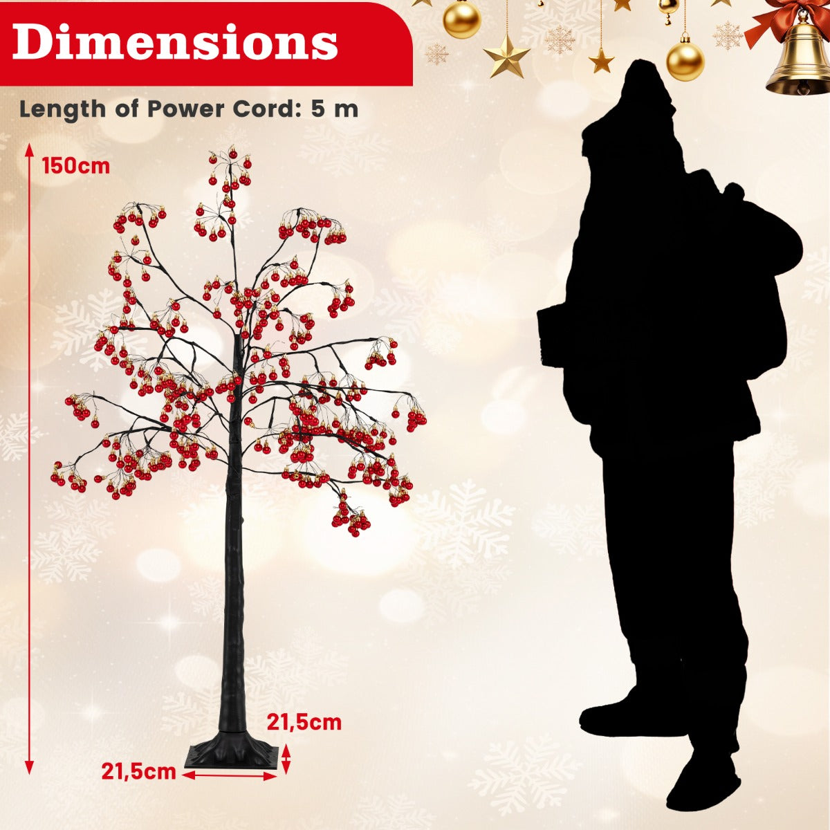 Livsk costway 150 cm kunstmatige kerstboom met verlichting en flexibele takken 384 rode ballen 480 warmwitte led lampjes voor binnen buiten 2