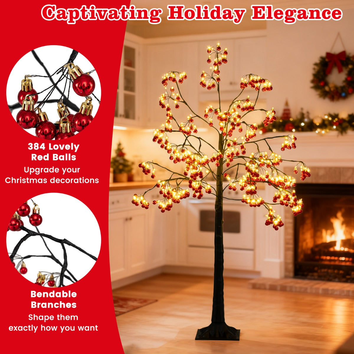 Livsk costway 150 cm kunstmatige kerstboom met verlichting en flexibele takken 384 rode ballen 480 warmwitte led lampjes voor binnen buiten 4