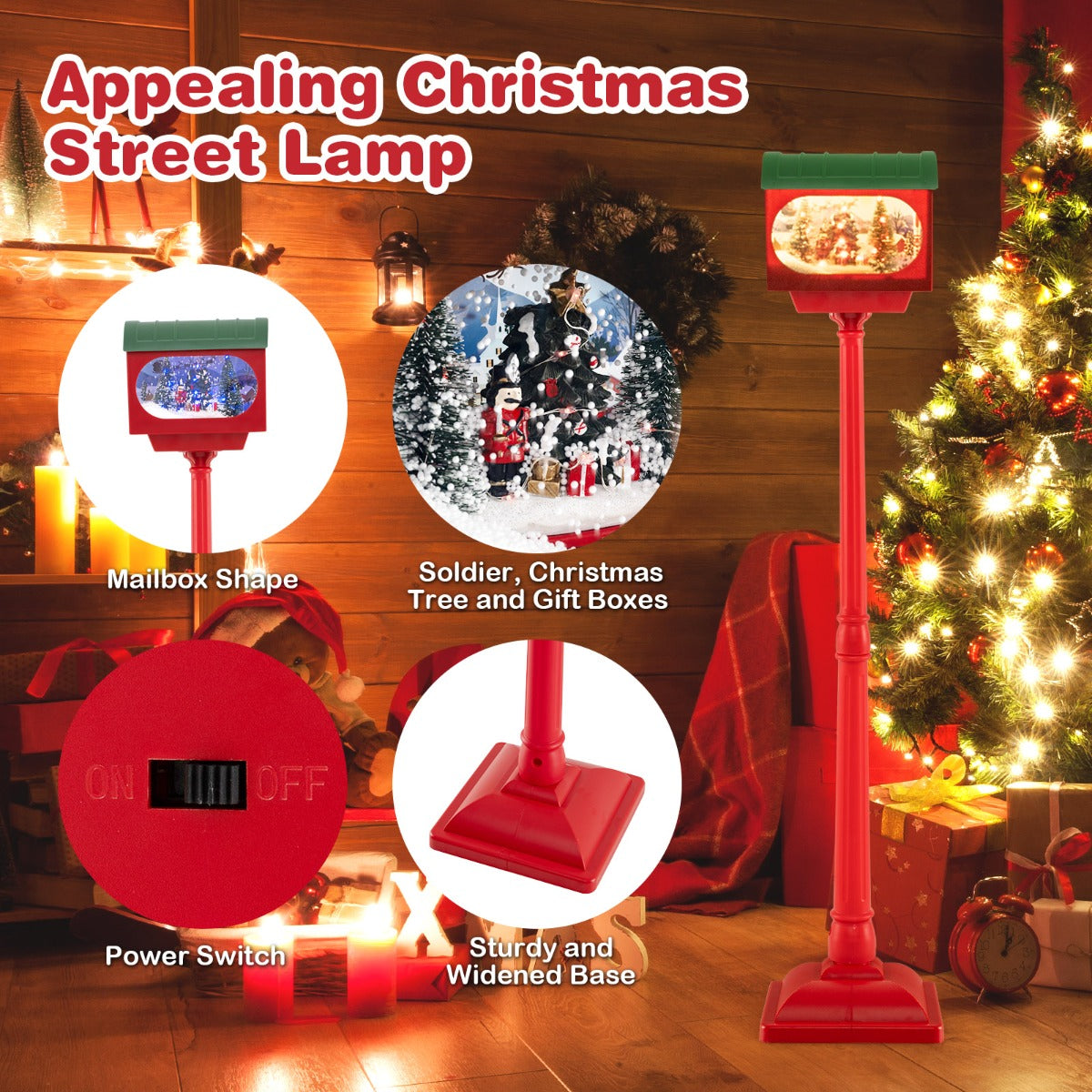 LIVSK Muzikale Kerstlamp - Geluid-Geactiveerd met Sneeuwbol & Scène - Afneembaar - Stabiliteit - 150 cm - Rood