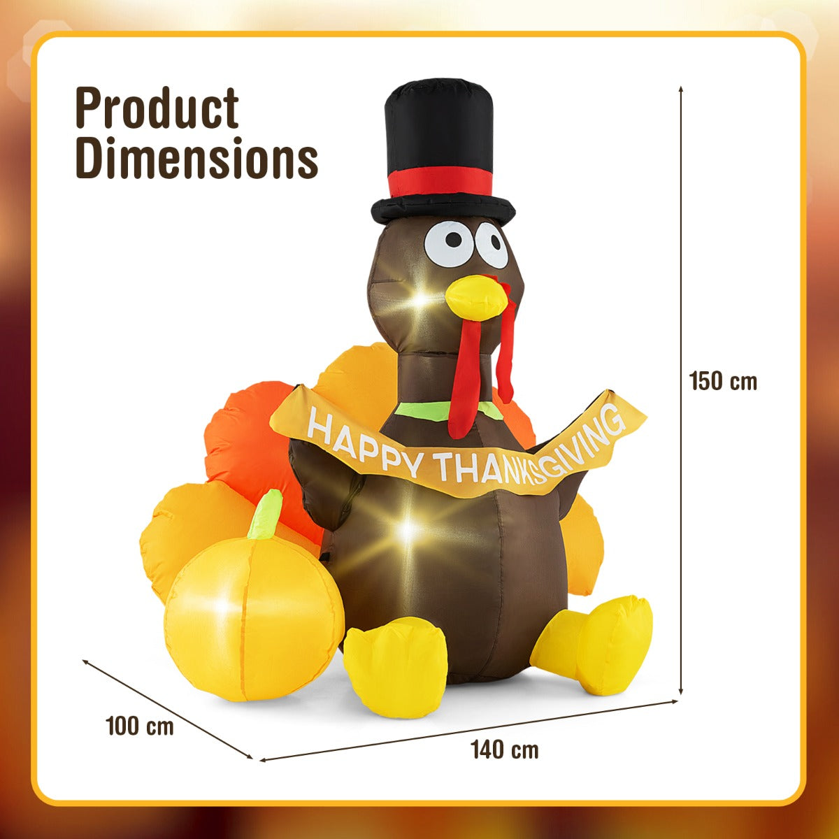 LIVSK Opblaasbare Kalkoen Thanksgiving - decoratie - LED Verlichting - Pelgrimshoed en Pompoen - Eenvoudig op te zetten