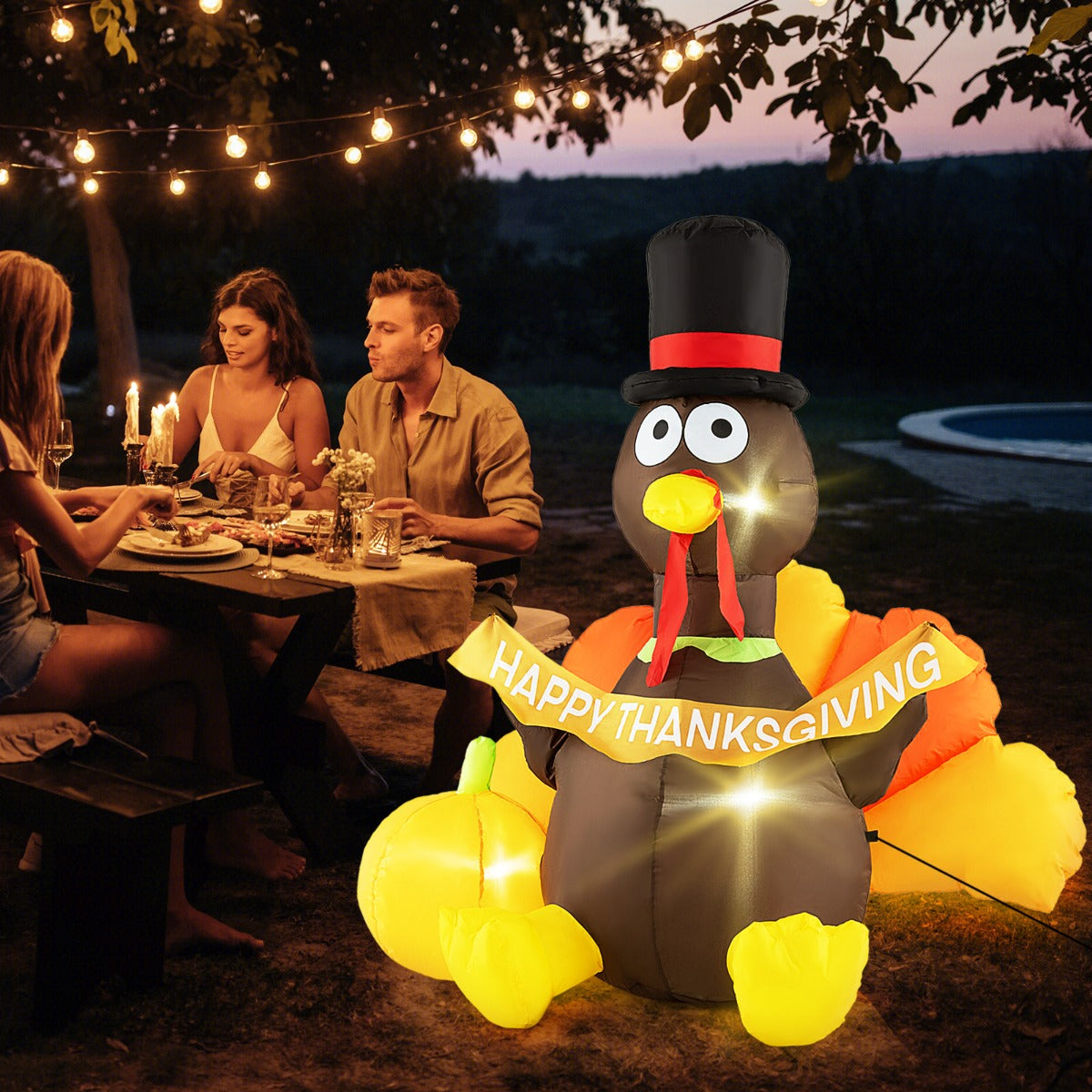 LIVSK Opblaasbare Kalkoen Thanksgiving - decoratie - LED Verlichting - Pelgrimshoed en Pompoen - Eenvoudig op te zetten