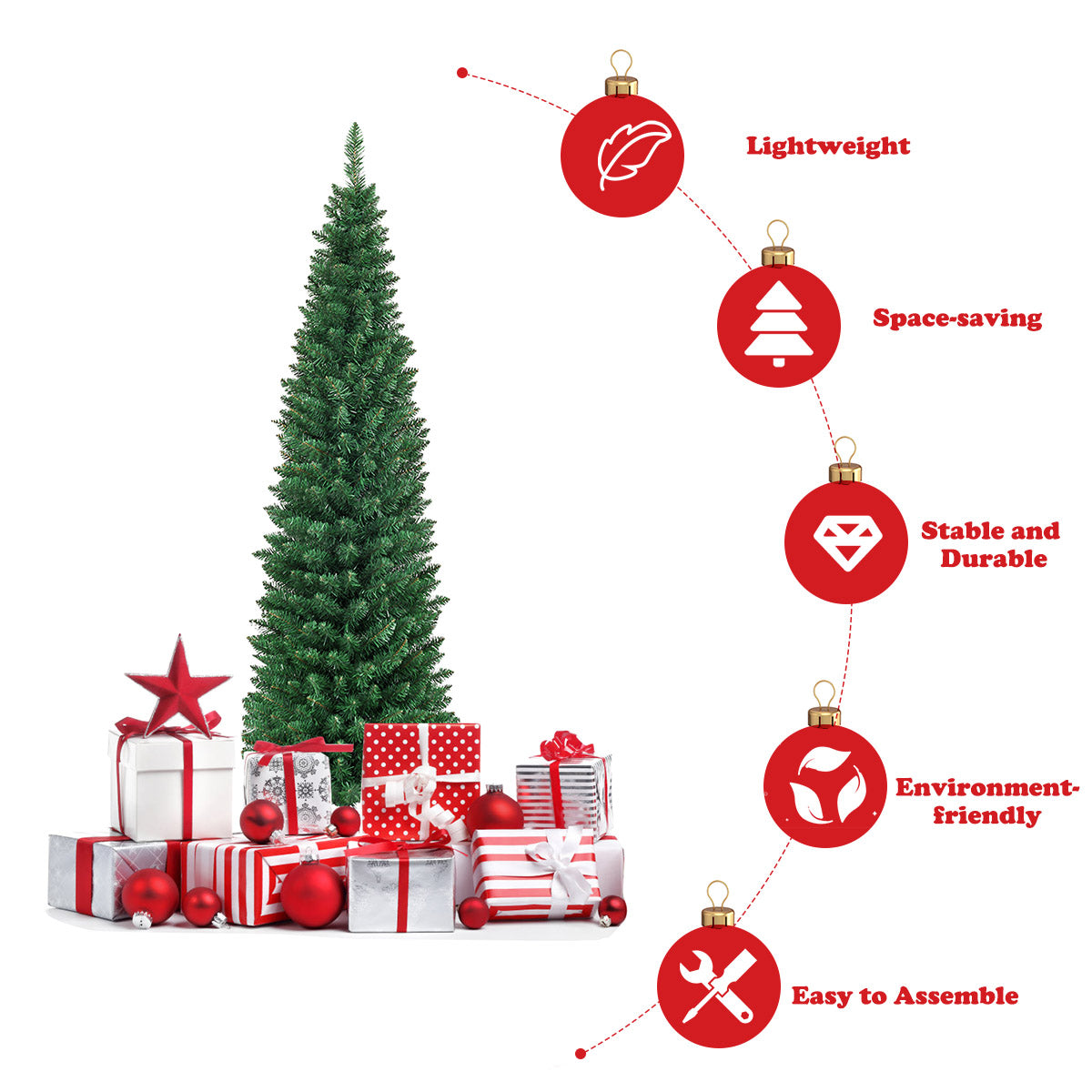 LIVSK Kunstmatige Kerstboom - Slank Potloodontwerp - 220 Takken - Eenvoudige Montage - Stevig IJzeren Voetstuk - Groen