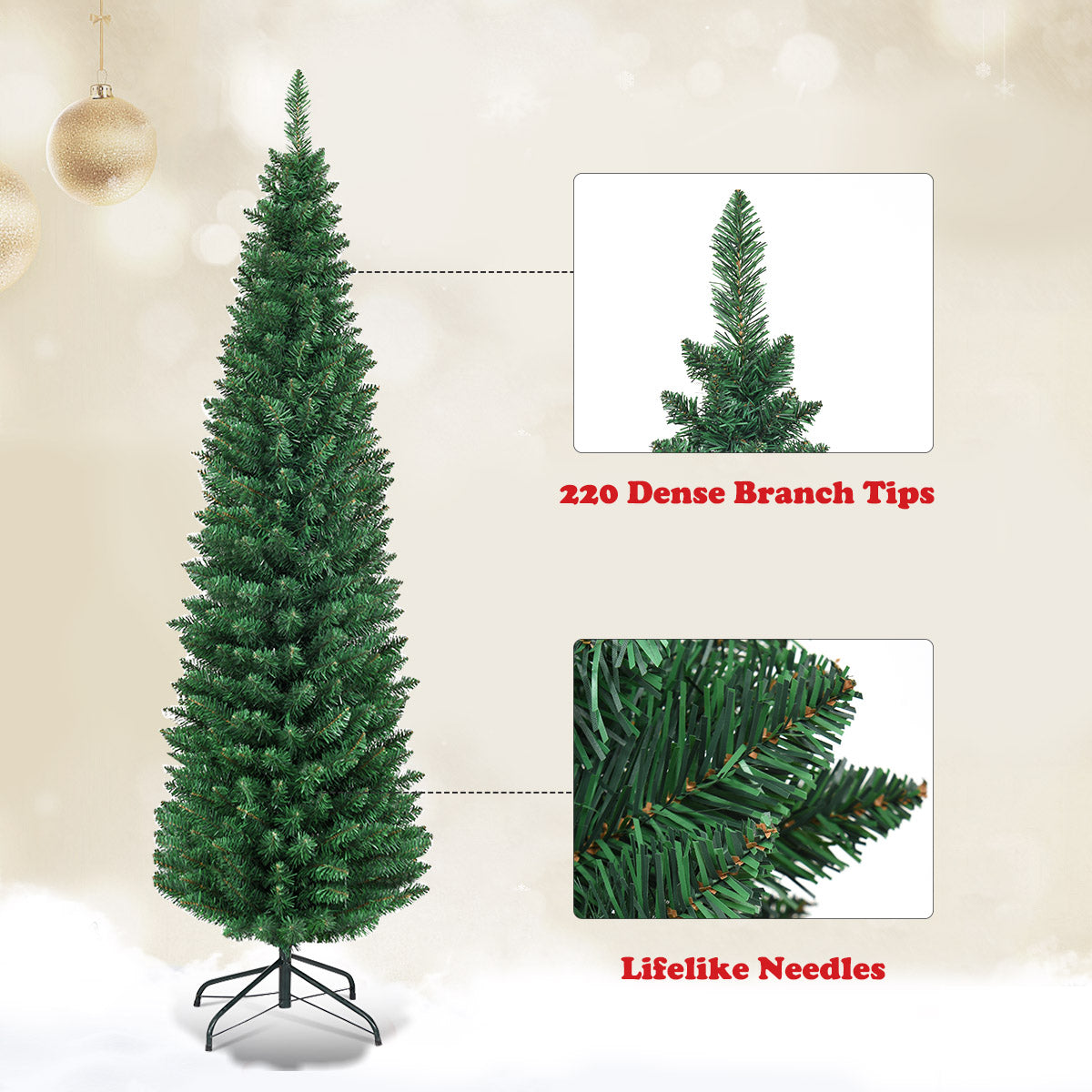LIVSK Kunstmatige Kerstboom - Slank Potloodontwerp - 220 Takken - Eenvoudige Montage - Stevig IJzeren Voetstuk - Groen