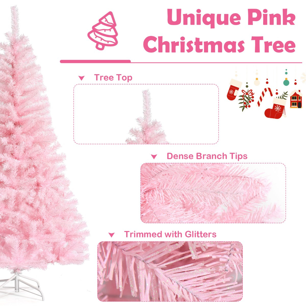 LIVSK Roze Kunstmatige Kerstboom - Volle Takken met Glitters - Duurzaam PVC - Stevige Metalen Basis - 75 x 75 x 150 cm - Roze