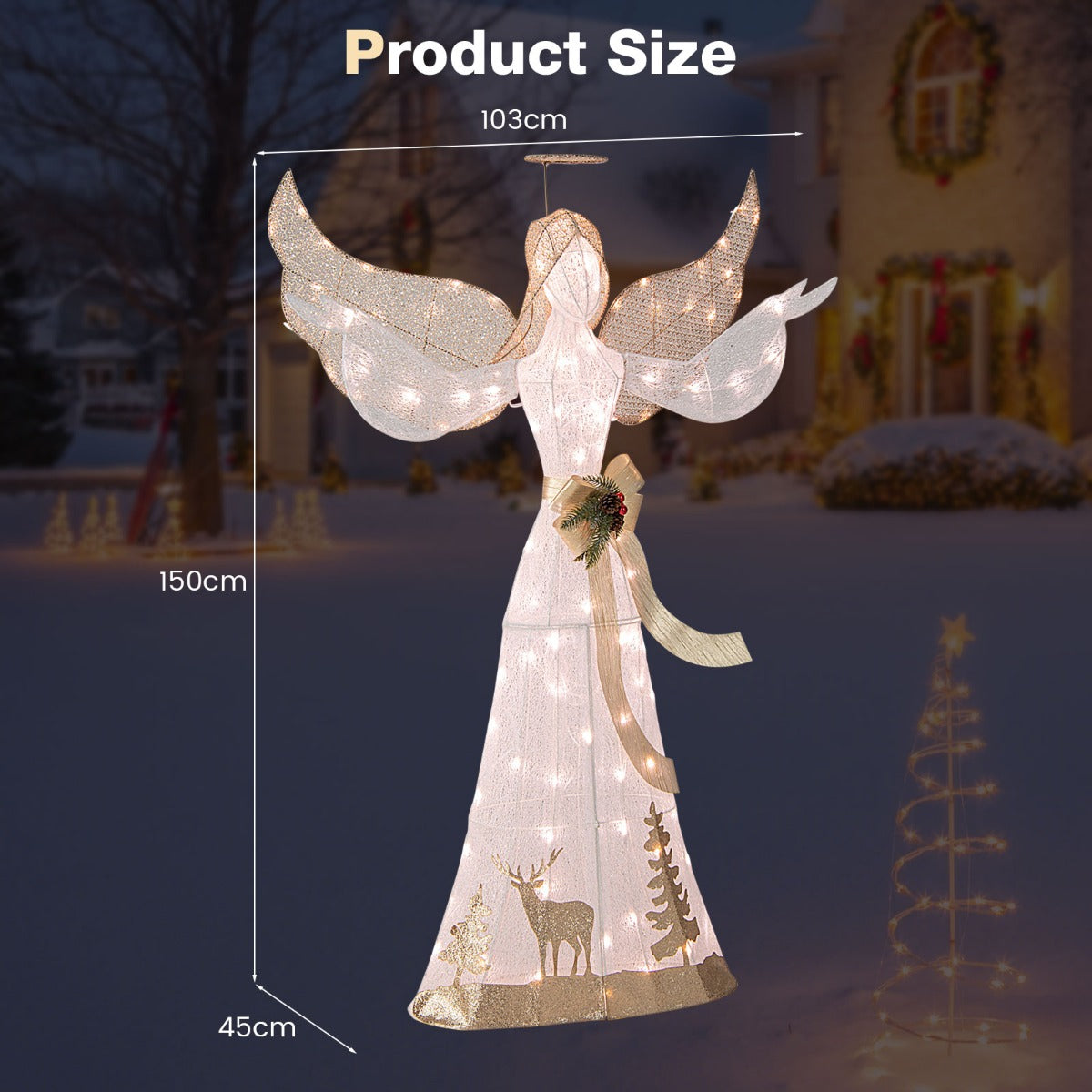 LIVSK kerstverlichte engel - 105 warmwitte lampjes - Waterdicht - Grondankers - Prachtig design - 150 x 45 x 103 cm - Wit + Goud