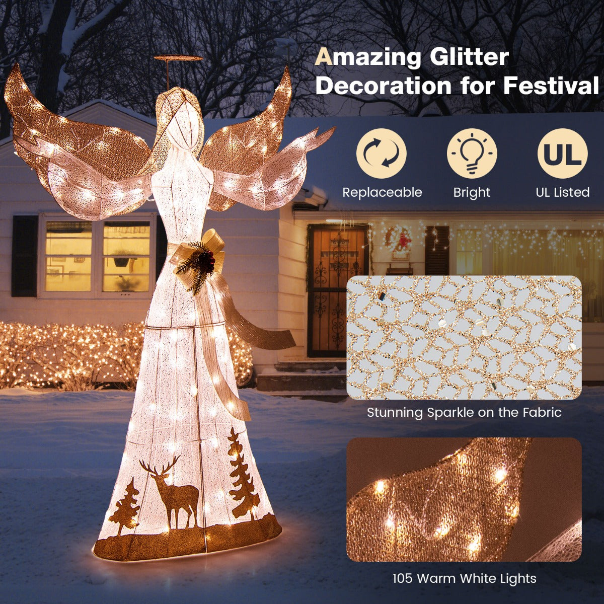 LIVSK kerstverlichte engel - 105 warmwitte lampjes - Waterdicht - Grondankers - Prachtig design - 150 x 45 x 103 cm - Wit + Goud