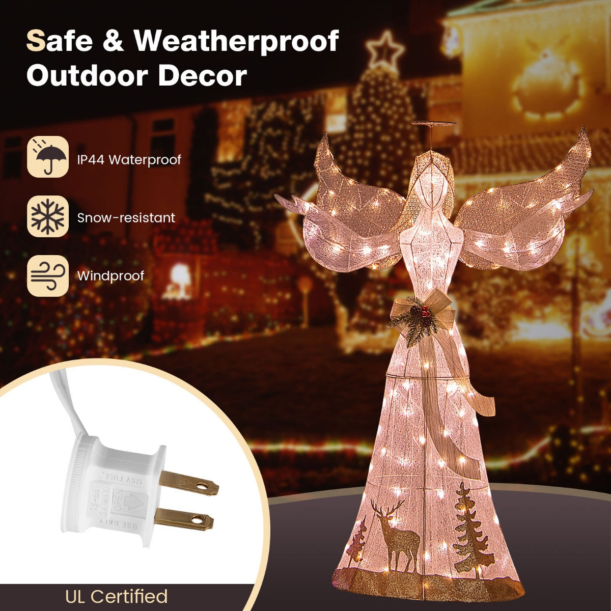 LIVSK kerstverlichte engel - 105 warmwitte lampjes - Waterdicht - Grondankers - Prachtig design - 150 x 45 x 103 cm - Wit + Goud