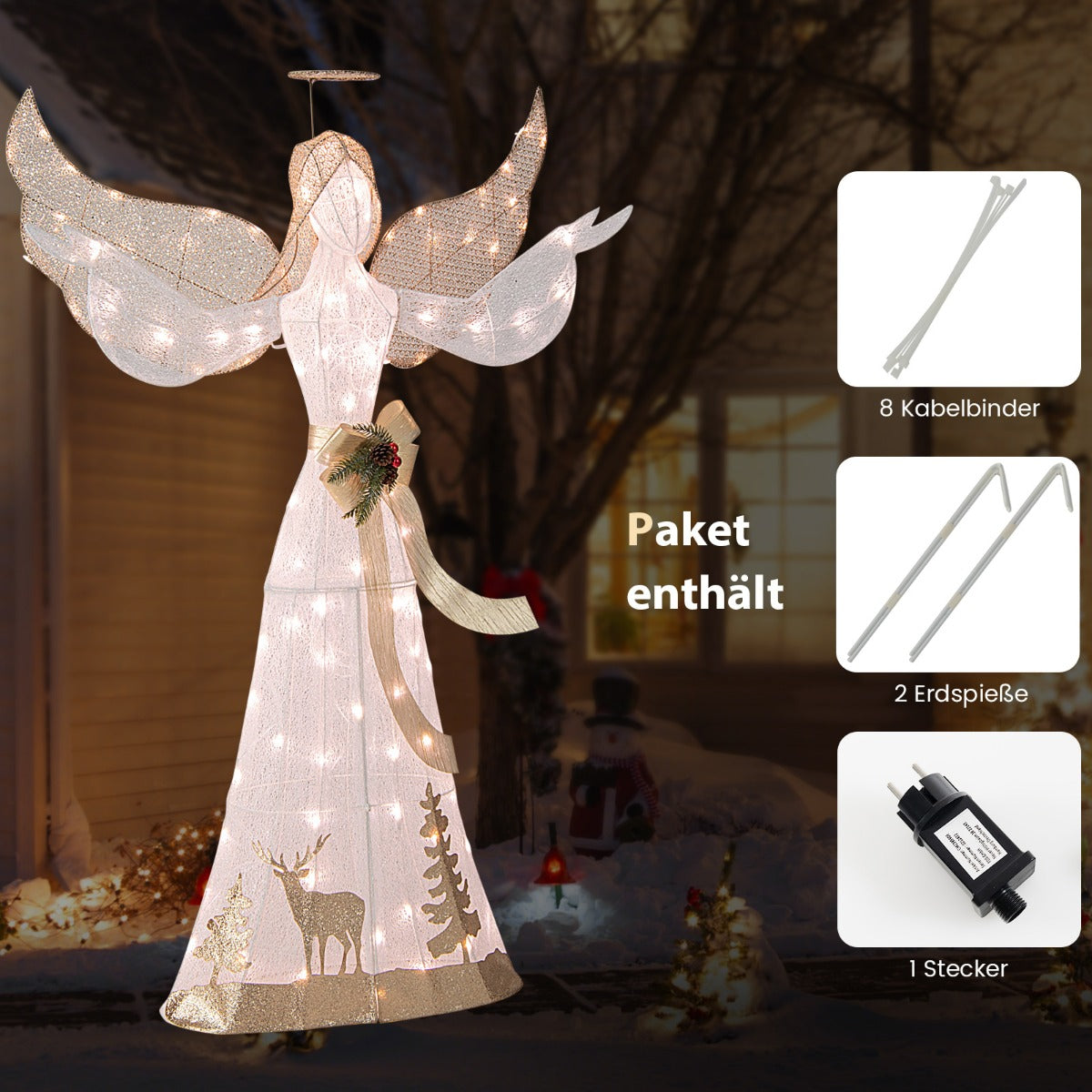 LIVSK kerstverlichte engel - 105 warmwitte lampjes - Waterdicht - Grondankers - Prachtig design - 150 x 45 x 103 cm - Wit + Goud