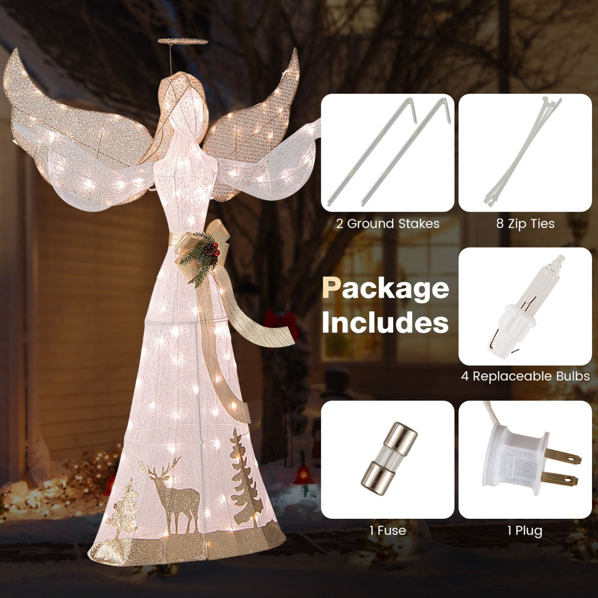 LIVSK kerstverlichte engel - 105 warmwitte lampjes - Waterdicht - Grondankers - Prachtig design - 150 x 45 x 103 cm - Wit + Goud