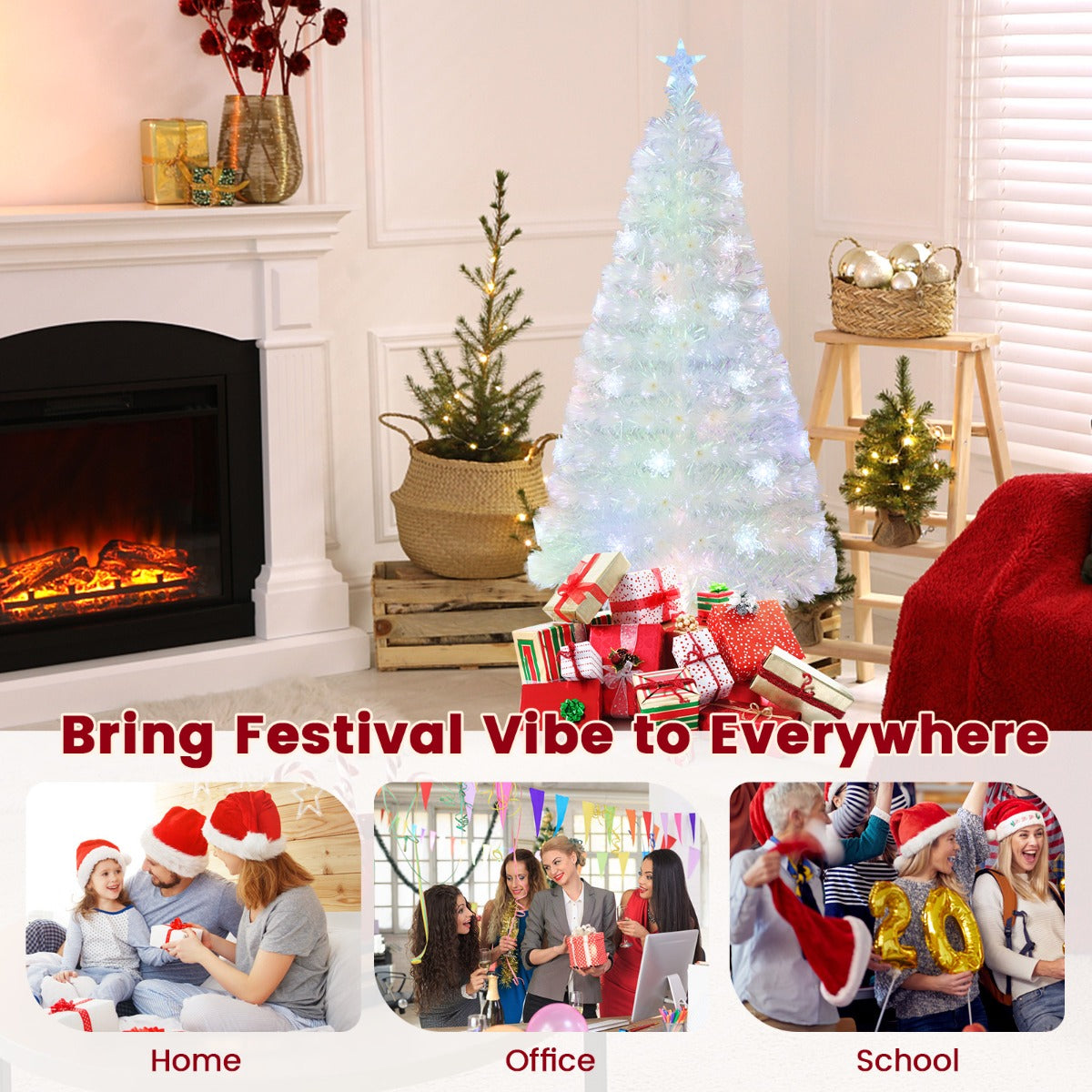 LIVSK Witte Glasvezel Kerstboom - 170 Takpunten - Meerkleurige LED Verlichting - 150 cm - Duurzaam en Elegant - Wit