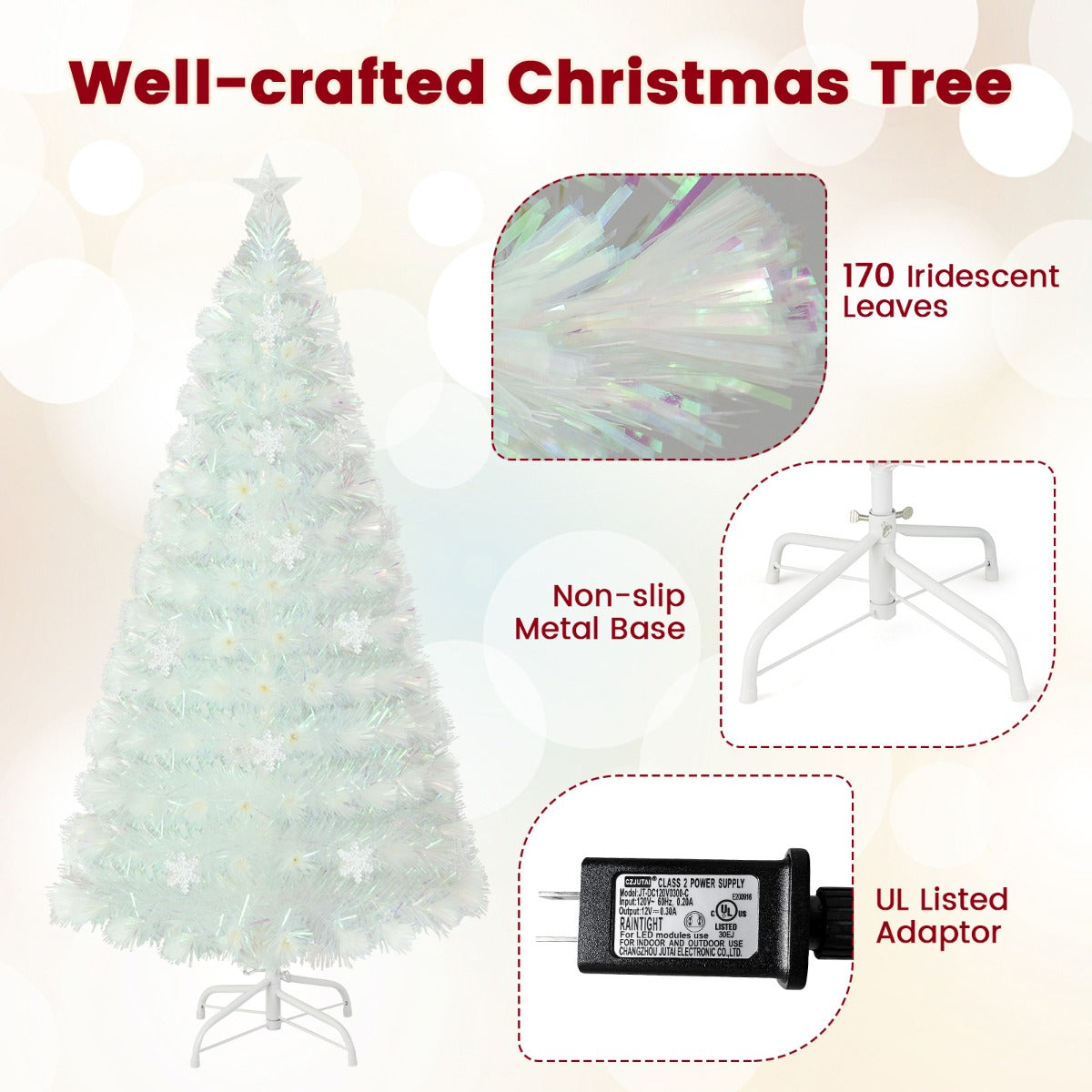 LIVSK Witte Glasvezel Kerstboom - 170 Takpunten - Meerkleurige LED Verlichting - 150 cm - Duurzaam en Elegant - Wit