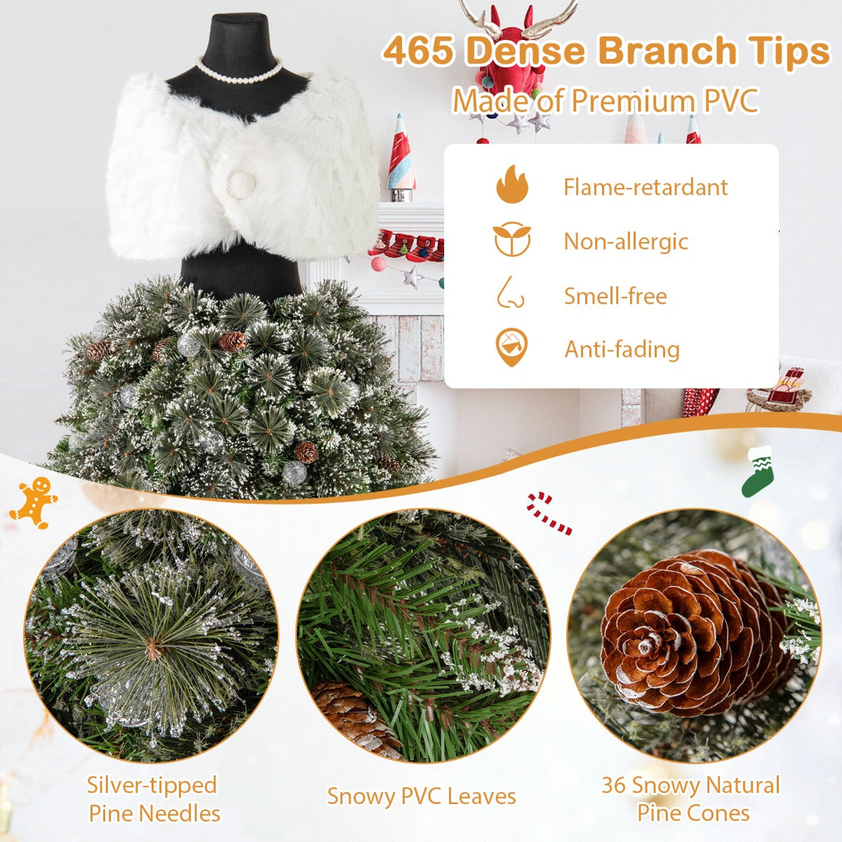 LIVSK Kunstkerstboom met Rok - 465 Takuiteinden - 50 LED Lichtballen - Uniek Design met Sjaal en Parelketting - Groen en Wit