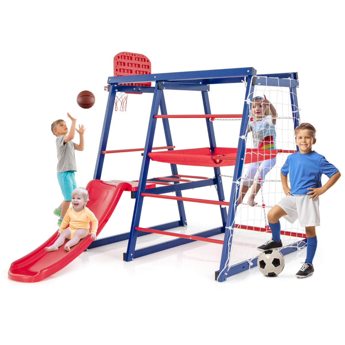 LIVSK 7-in-1 Klimrekspeeltuin - Glijbaan - Klimnet - Touwladder - Basketbalring - Voor 3-7 jaar - Rood