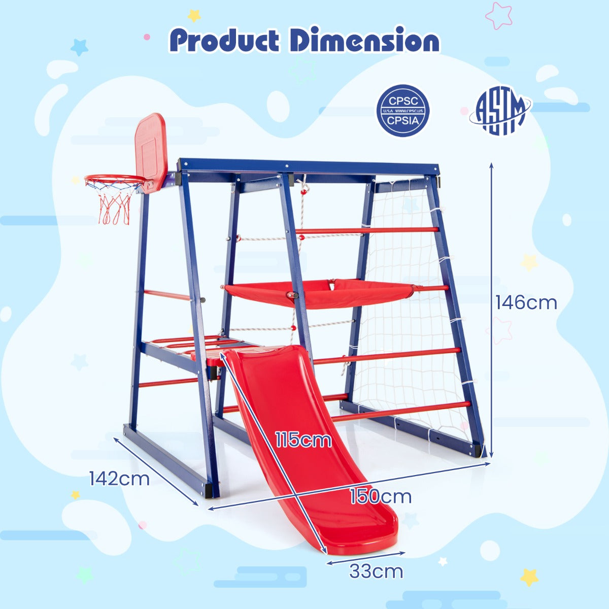 LIVSK 7-in-1 Klimrekspeeltuin - Glijbaan - Klimnet - Touwladder - Basketbalring - Voor 3-7 jaar - Rood