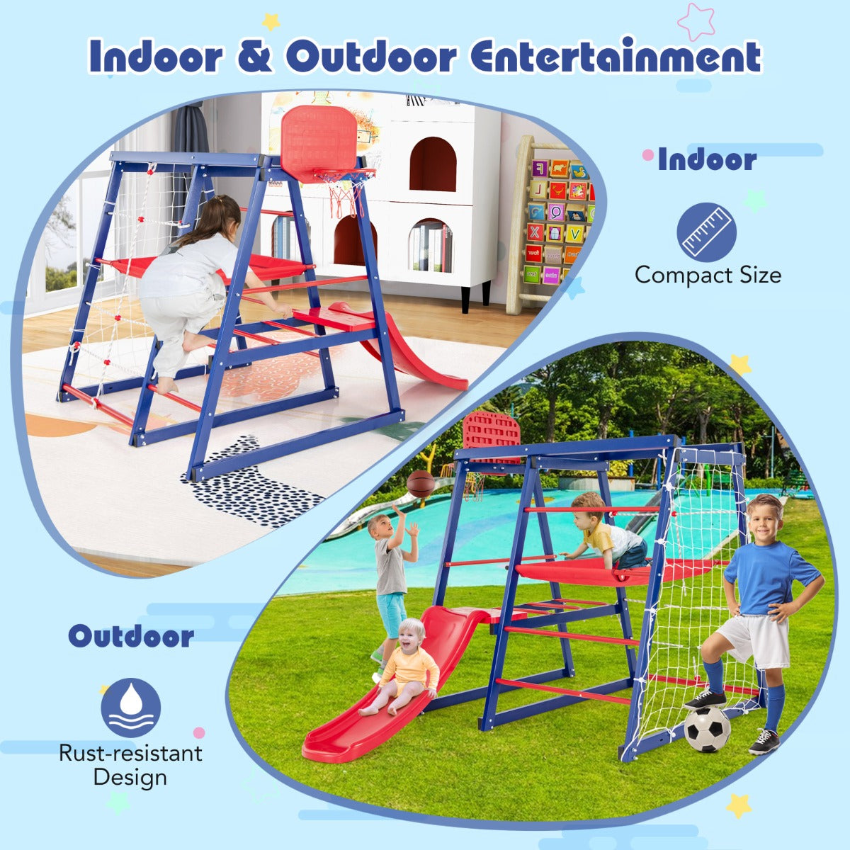 LIVSK 7-in-1 Klimrekspeeltuin - Glijbaan - Klimnet - Touwladder - Basketbalring - Voor 3-7 jaar - Rood
