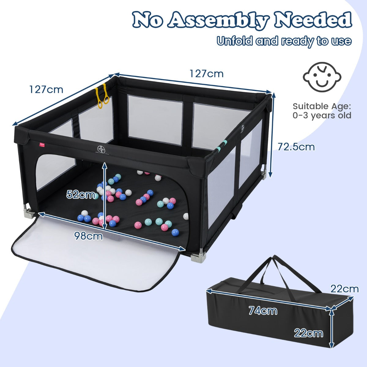 LIVSK Grote Speelbox - Ruimte van 150 x 150 cm - Antikollisionsschuimkussens - Inclusief 50 Speelballen - Draagtas - Zwart