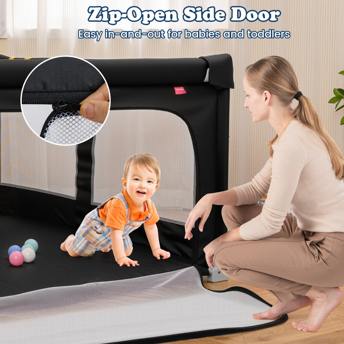 LIVSK Grote Speelbox - Ruimte van 150 x 150 cm - Antikollisionsschuimkussens - Inclusief 50 Speelballen - Draagtas - Zwart