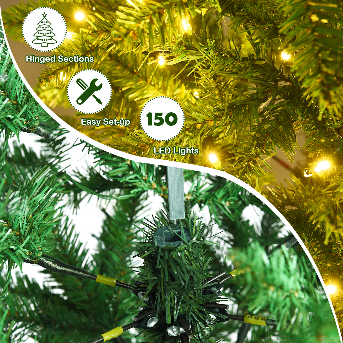 LIVSK Kunstmatige Potloodkerstboom - 150 cm - 150 Warmwitte LED-lampjes - Eenvoudig op te zetten - Stevige Standaard - Groen
