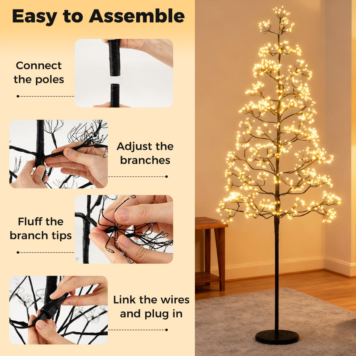 Livsk costway 150cm led lichtboom uitgerust met 1000 warmwitte leds 4