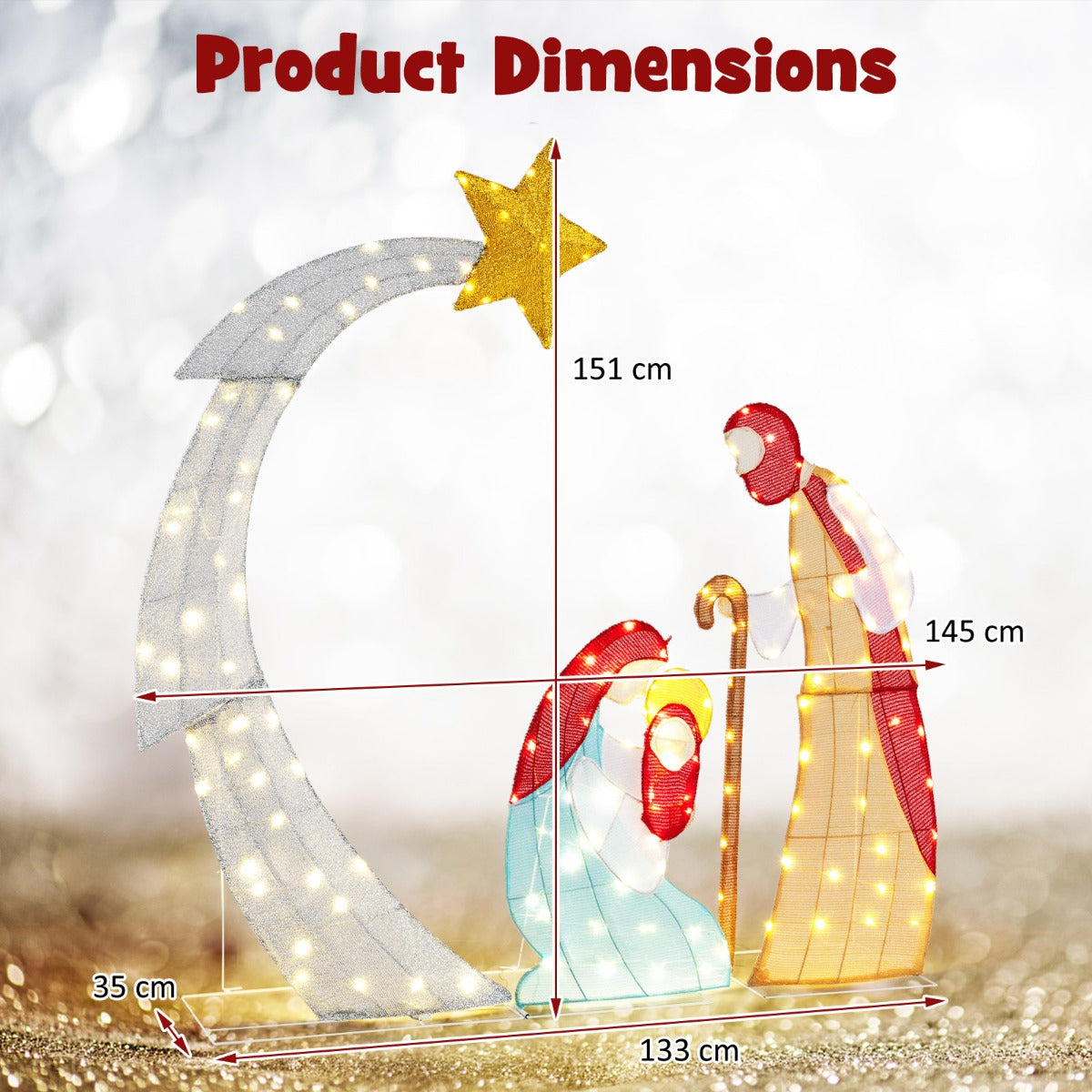 LIVSK Verlichte Kerststal - Realistische Figuren met Ster van Bethlehem - 140 Warmwitte LED - Water- en Windbestendig - 145 x 151