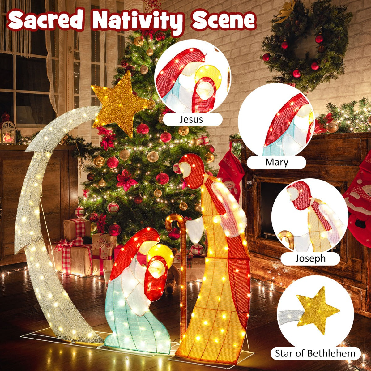 LIVSK Verlichte Kerststal - Realistische Figuren met Ster van Bethlehem - 140 Warmwitte LED - Water- en Windbestendig - 145 x 151