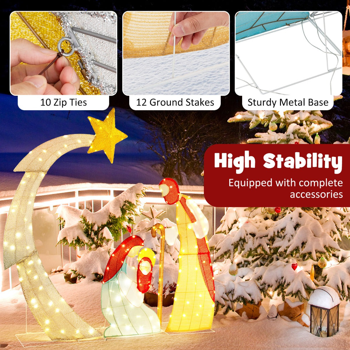 LIVSK Verlichte Kerststal - Realistische Figuren met Ster van Bethlehem - 140 Warmwitte LED - Water- en Windbestendig - 145 x 151