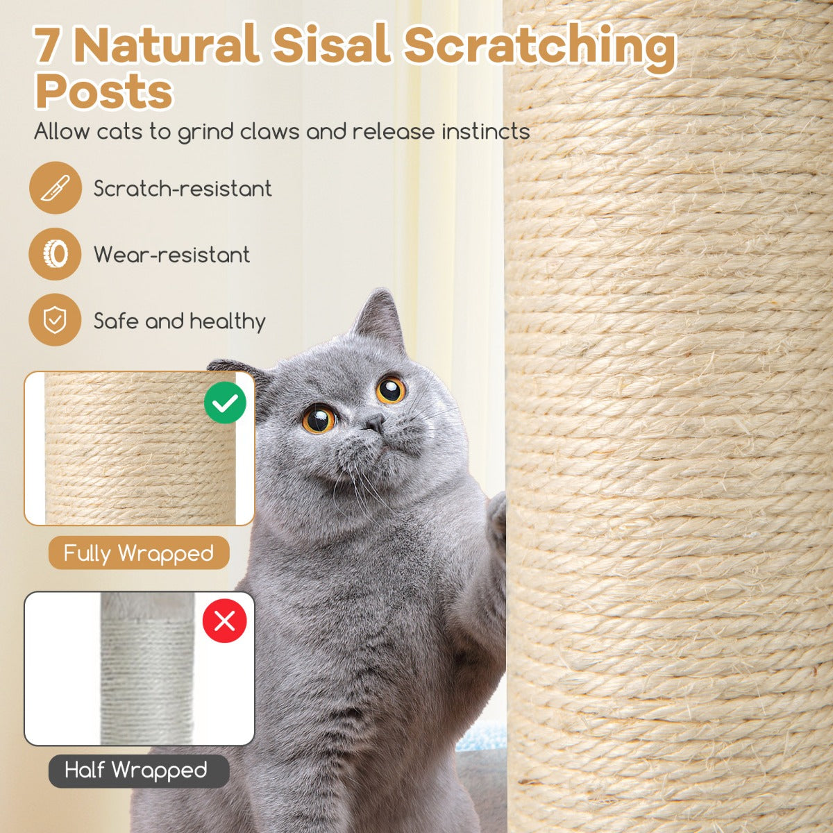 LIVSK Houten Krabpaal voor Katten - 2 Verdiepingen met Hangmat - Sisal Krabpalen - Robuust en Comfortabel - Naturel + Wit