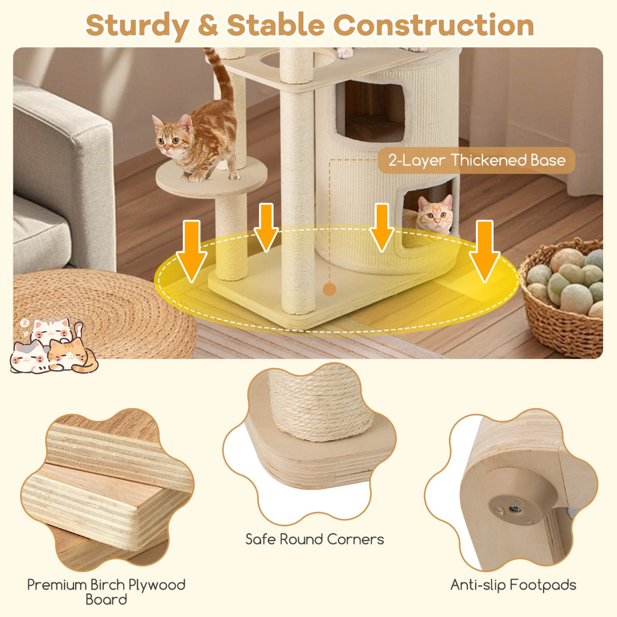 LIVSK Houten Krabpaal voor Katten - 2 Verdiepingen met Hangmat - Sisal Krabpalen - Robuust en Comfortabel - Naturel + Wit