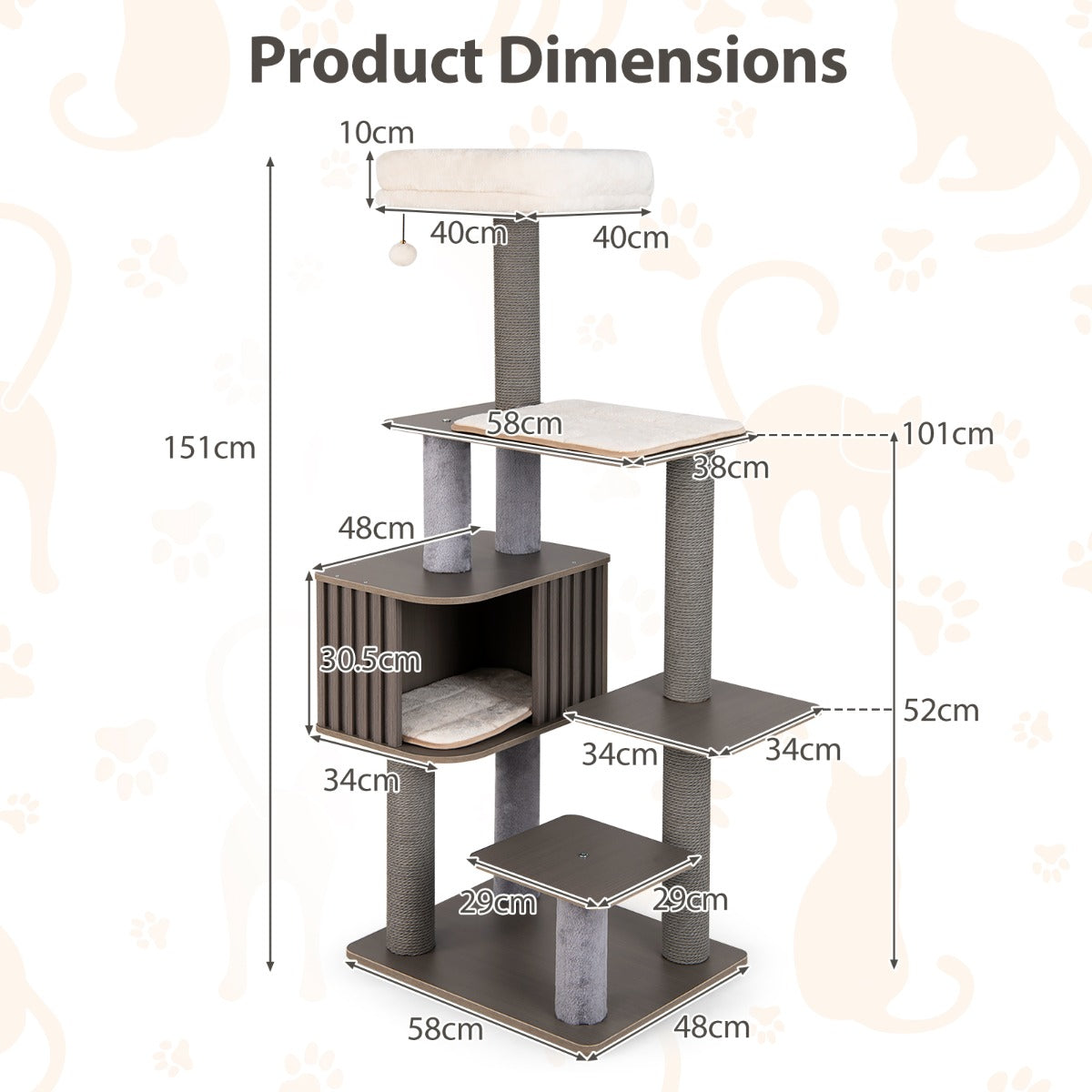 LIVSK Kattentoren met Meerdere Niveaus - Ruim Kattenhuis - Afneembare Kussens - Stimulerend Design - 151 cm Hoog - Grijs
