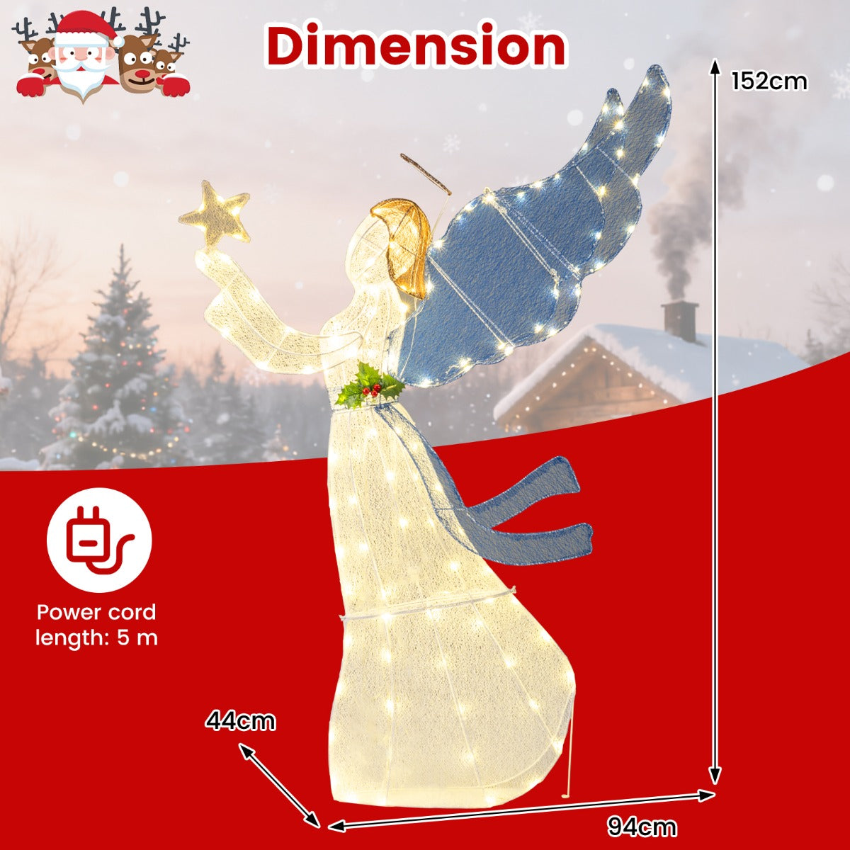 Livsk costway 152 cm kerstversiering lichtgevende engel voorverlichte 3d engel met ster vleugels en warme led lichtjes 1 1