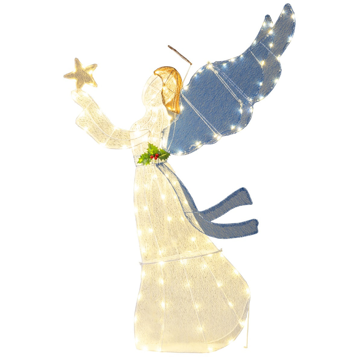 Livsk costway 152 cm kerstversiering lichtgevende engel voorverlichte 3d engel met ster vleugels en warme led lichtjes
