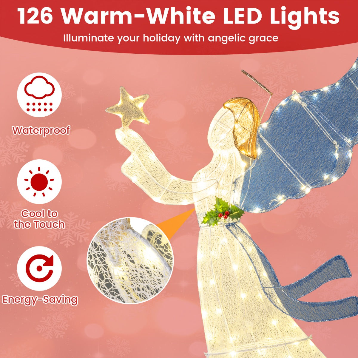 Livsk costway 152 cm kerstversiering lichtgevende engel voorverlichte 3d engel met ster vleugels en warme led lichtjes 2