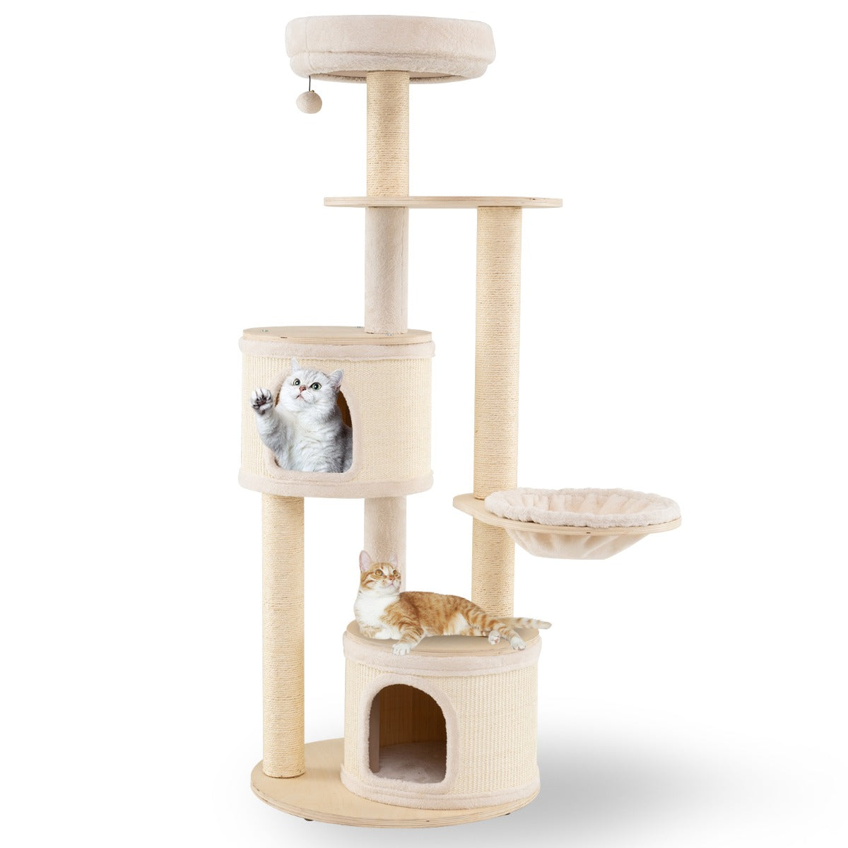 LIVSK 152 cm Krabpaal met 2 Huizen en Mand - Stabiele Constructie - Sisal Krabpalen - Pluche Hangende Bal - Voor Meerdere Katten