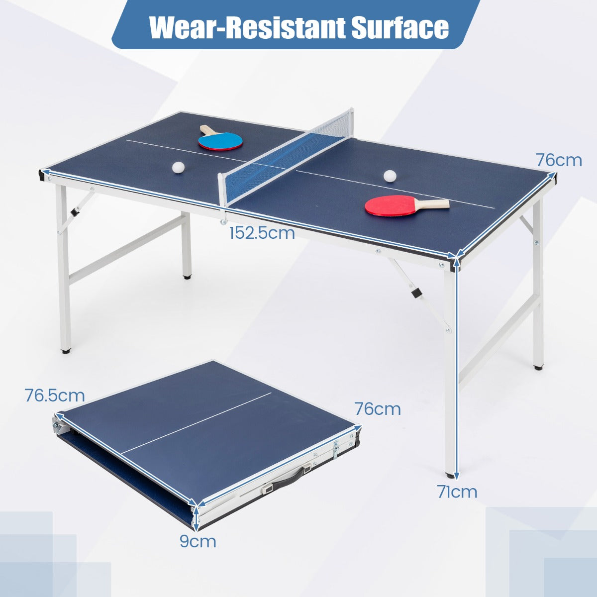 Livsk costway 1525 x 76 cm opvouwbare tafeltennistafel draagbare tafeltennistafel met net 2 batjes en ballen voorgemonteerd 2