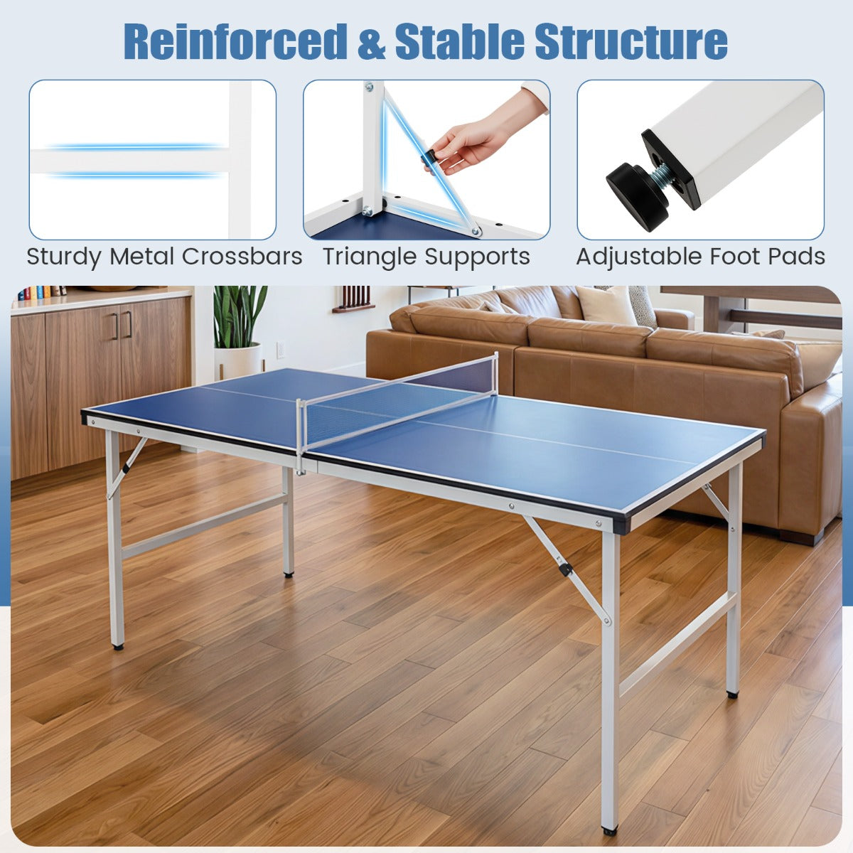 Livsk costway 1525 x 76 cm opvouwbare tafeltennistafel draagbare tafeltennistafel met net 2 batjes en ballen voorgemonteerd 5