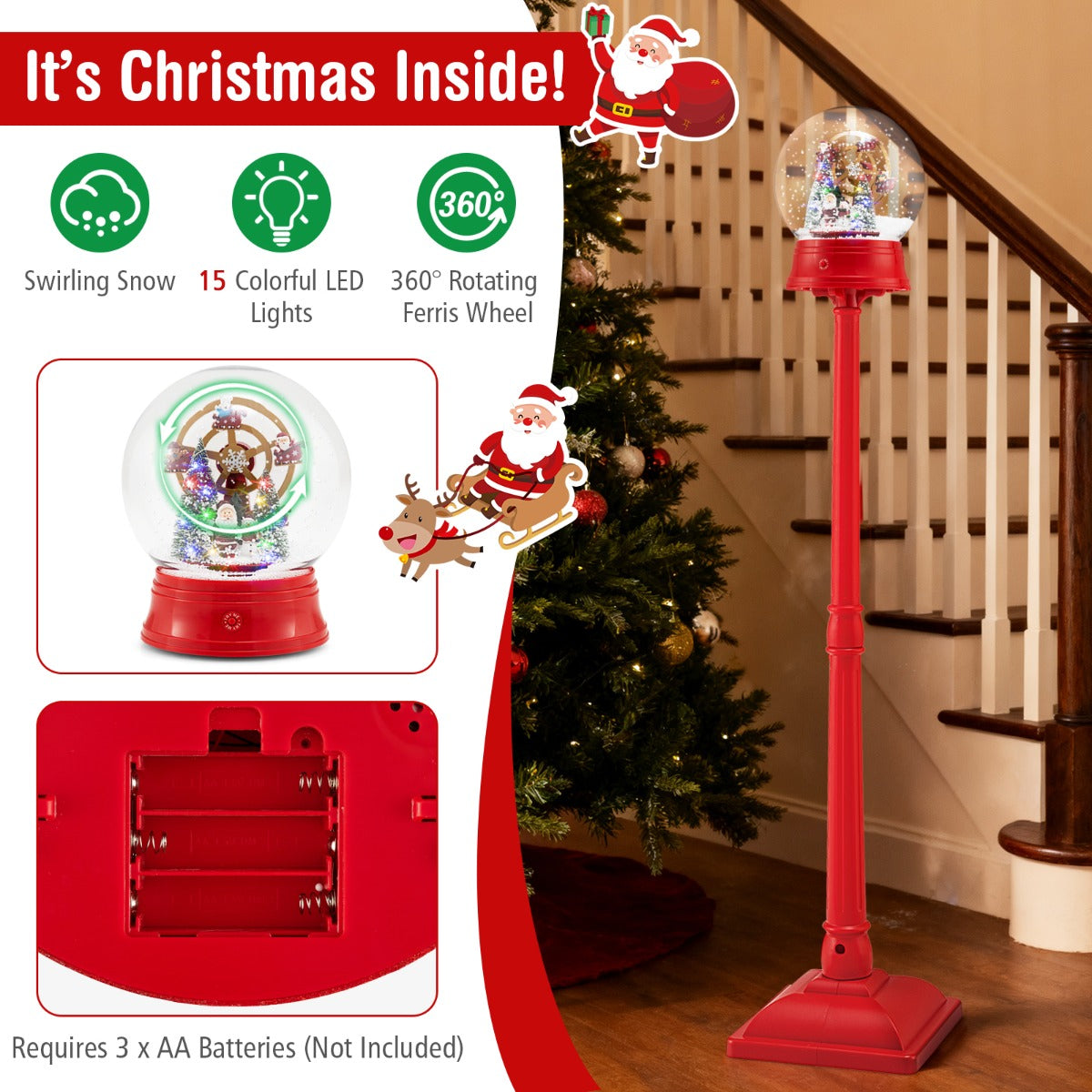 LIVSK Muzikale Straatlantaarn - 360° Draaiend Tafereel - 8 Klassieke Kerstmelodieën - Vloerlamp of Tafeldecoratie - Rood